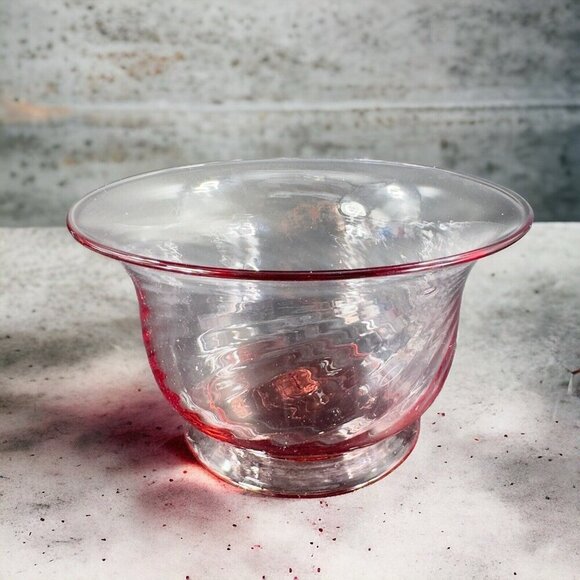 Hand Blown Optic Swirl Footed Bowl Dish Transparent Pink Glass Bowl Hand Made - Picture 1 of 16